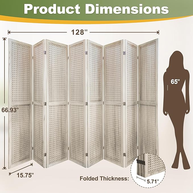 NicBex 8 Panel Pegboard Display,5.6FT Wood PegBoard Room Dividers,Folding Privacy Screens Portable Freestanding Display Board for Craft/Art Shows,Room Separation,Natural Wood