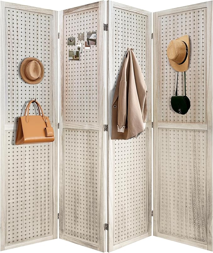 NicBex Room Divider 4 Panel Pegboard Display 5.6FT Wood PegBoard Room Dividers, Folding Privacy Screens Portable Display Board Wall Divider for Craft/Art Shows, Room Separation, Natural Wood
