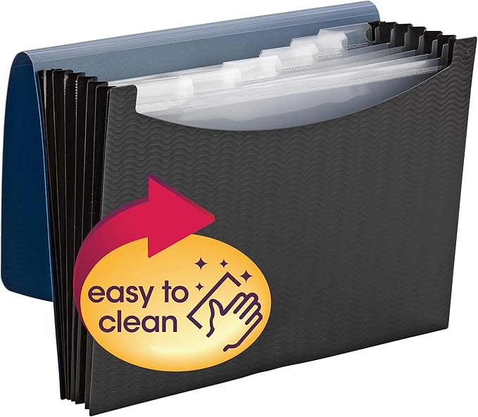 Smead Poly Expanding File, 6 Dividers, Flap and Cord Closure, Letter Size, Wave Pattern Blue/Black (70872)