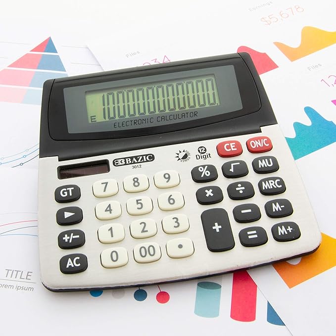 BAZIC 12-Digit Dual Power Desktop Calculator with Adjustable Display (Case of 12) (3012-12)