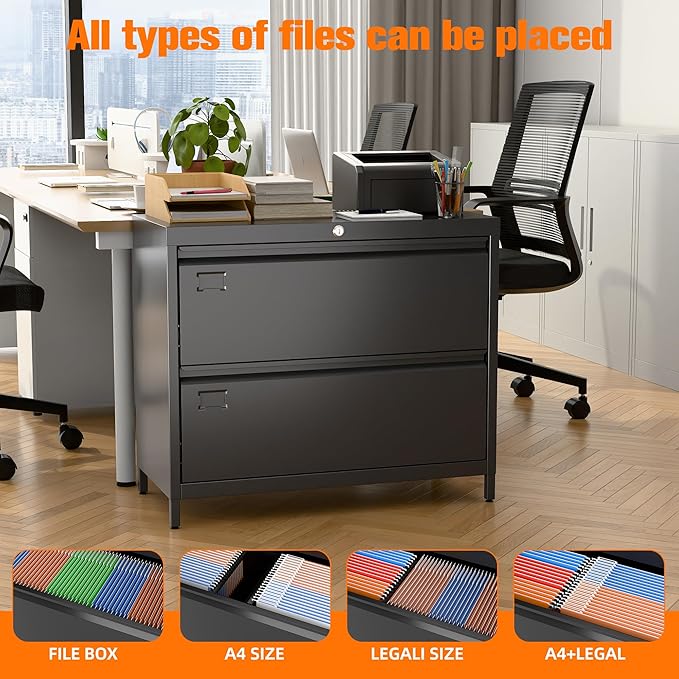 Lateral File Cabinet with 2 Drawers, Metal Wide Lateral Filing Cabinet with Lock for Hanging Files Letter/Legal/F4/A4 Size for Home Office School, 2 Drawer, Assembly Required, Black