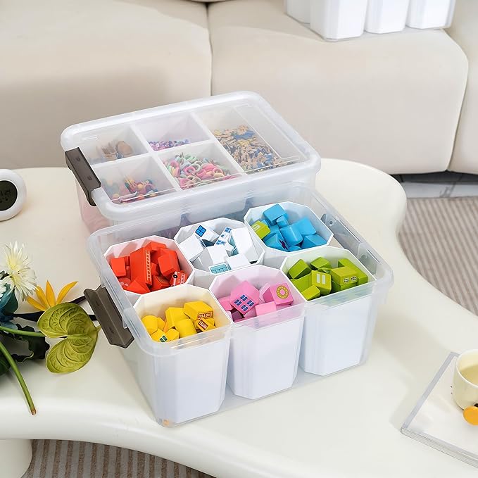 Citylife 17 QT Plastic Storage Box with Removable Tray and 6 Detachable Tall Inserts Craft Organizers and Storage Clear Storage Container for Organizing Crayon, Craft, Sewing, Playdoh, 4 Packs