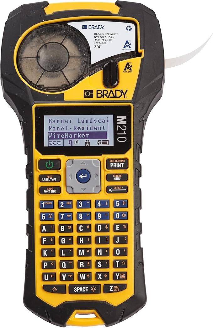 Brady M210 Portable Label Printer with Rubber Bumpers & Authentic (M21-750-499) Multi-Purpose Nylon Label for General Identification, Wire Marking, and Laboratory Labeling.75 Width, 16' Length