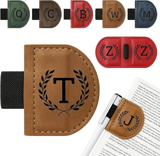 Personalized Bygone Mark Bookmark with Pen Holder,Engraving Leather Magnetic Bookmarks Vintage 26 Letters Name Initials Text Book Marker Clips Gifts for Reading Book Lovers Women (Brown, T)