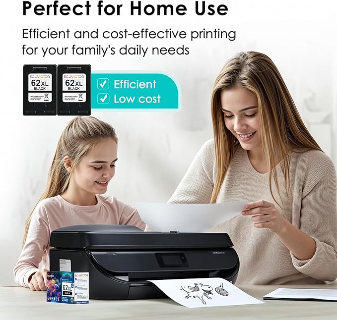 EcoVictor Remanufactured 62XL Ink Cartridges (2 Black) Compatible for HP Ink 62 62XL HP62 for Envy 5540 5542 5545 5640 5642 5660 5665 7640 7645 OfficeJet 5740 5742 5745 8000 8040 200 250 Printer 62 XL
