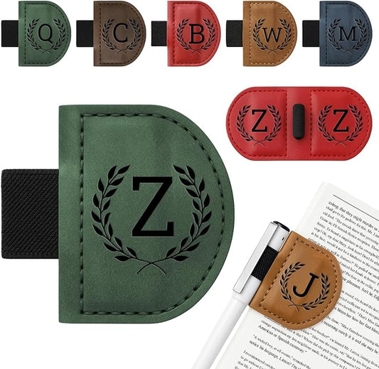 Personalized Bygone Mark Bookmark with Pen Holder,Engraving Leather Magnetic Bookmarks Vintage 26 Letters Name Initials Text Book Marker Clips Gifts for Reading Book Lovers Women (Green, Z)