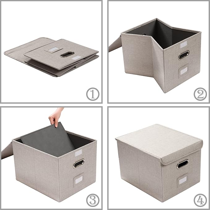 PRANDOM File Organizer Box - Set of 4 Collapsible Decorative Linen Filing Storage Hanging File Folders with Lids Office Cabinet Letter Size Light Grey (15x12.2x10.75 inch)
