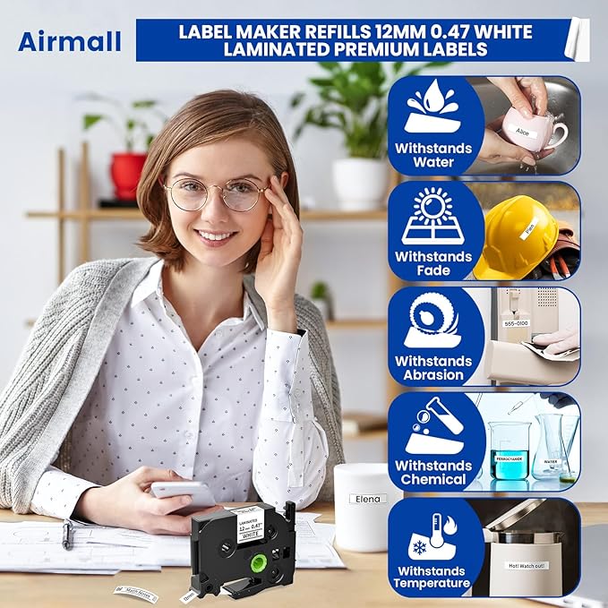 Airmall Tze 12mm 0.47 Laminated White Label Maker Tape Refill Compatible with Brother 12mm .47 Laminated White Tz Tape TZe-231 TZ-231 for PT-D200 D210 D220 H110 D410 P710BT 1750 1180, 20Pack