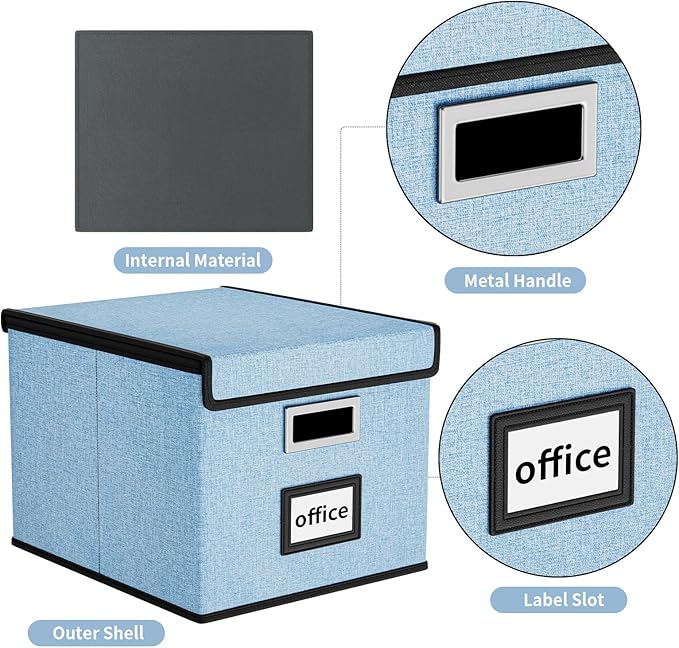 Huolewa Collapsible File Storage Organizer Box with Lid, Hanging File Folders Box Organizer with Plastic Slides, Decorative Home/Office Filing System Boxes for File and Folders Storage - Powderblue