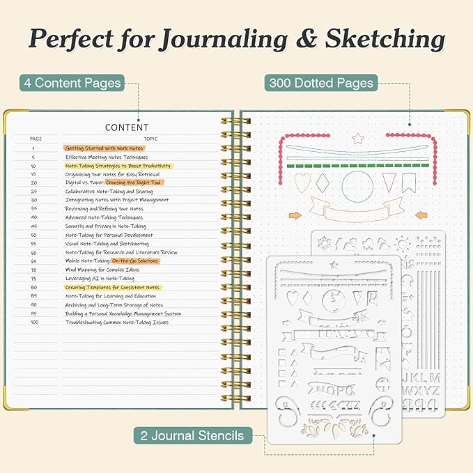 Bullet Dotted Journal Spiral Notebook, 300 Pages Leather Notebooks with Contens, 120 GSM Thick No Bleed Through Paper Journals, A4 Large Dot Grid Notebook for Women Men Work Writing, 8.5" x 11", Pink