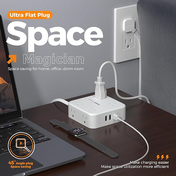 Extension Cord with Multiple Outlets, TESSAN 10 FT Surge Protector Power Strip Flat Plug, 8 AC Outlets, 900J 3 USB Ports (1 USB C), Desk Charging Station with Protection for Home, Office, Dorm Room