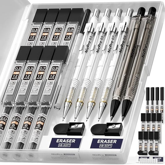 Nicpro 6PCS Art Mechanical Pencil Set, 4PCS Drafting Pencils 0.3 & 0.5 & 0.7 & 0.9 mm & 2PCS 2mm Lead Holder (4B 2B HB 2H) For Writing, Sketching Drawing With 12 Tube Lead Refills Erasers Case