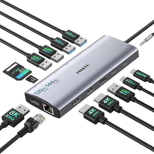 Triple Monitor Docking Station, 14-in-1 USB C Hub with DP 8K@30Hz/4K@144Hz, Dual HDMI 4K@60Hz, 100W PD, 7 USB Ports, SD/TF Card Reader, Gigabit Ethernet for MacBook & Windows Laptop