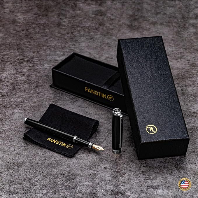 Black & Silver Luxury fountain pen (Made In USA) fancy gift set for women, Chrome Finish, Professional executive pen gift set for men (Lux fountain Black-Silver)