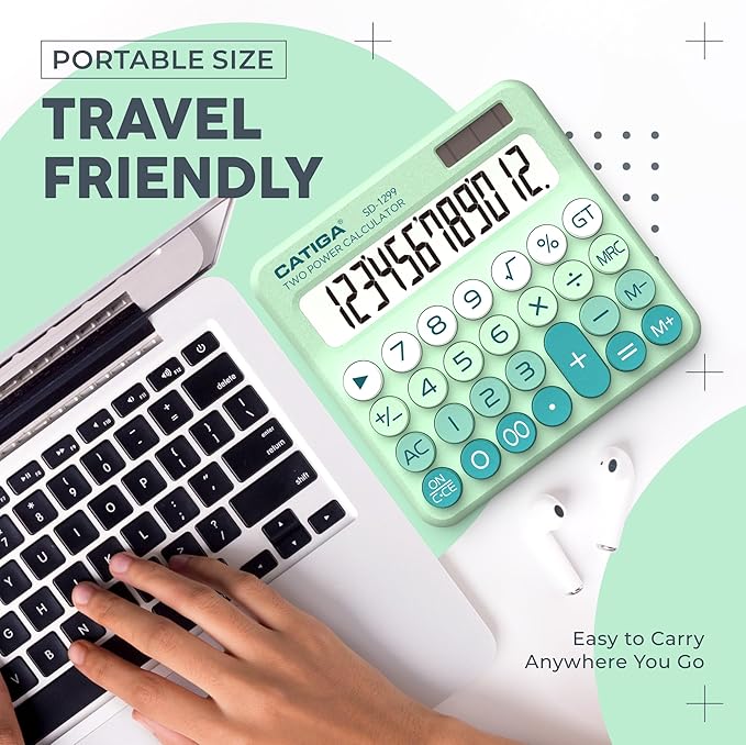 CATIGA Mechanical Switch Calculator with Solar and Battery Dual Power, 12-Digit Large LCD Display, Aesthetic and Cute Desktop Calculator with Big Button, for Home, School and Office Use, SD-1299