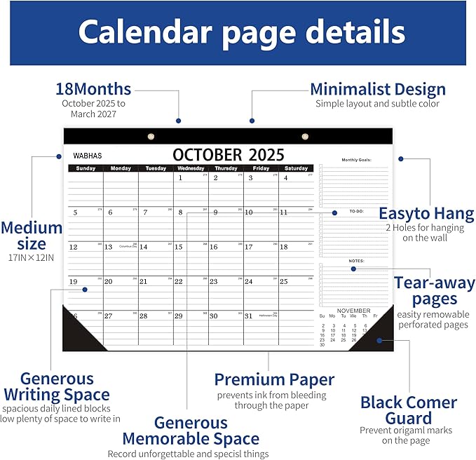 Desk Calendar 2025-2026,October 2025 to March 2027, Calendar 2025-2026 with to-do list,Desk Calendar 2026-18 Months,17" x 12" for Home or Office.