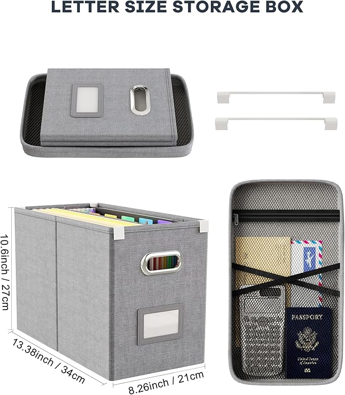 Oterri File Organizer with Lid, Hanging Filing Box with Mesh Pocket, Document Organizer for Letter Files, Portable Storage Box with Smooth Sliding Rail for Office & Home (1 PCS, Light Grey)
