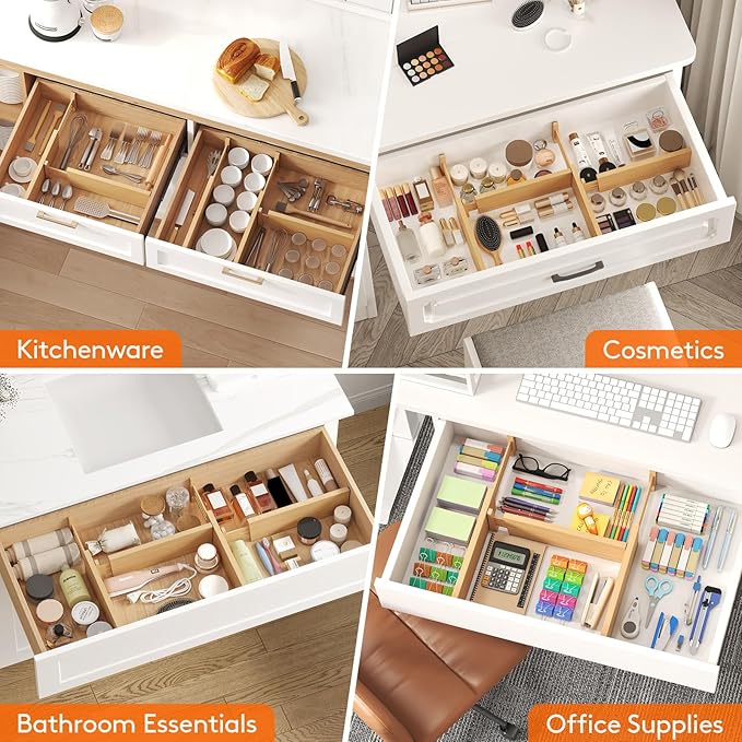 Lifewit 4 Pack Drawer Dividers Bamboo 4" High, 12-17" Adjustable Drawer Organizers for Clothes, Expandable Dresser Separators in Bedroom/Bathroom/Kitchen/Fridge/Office Organization and Storage