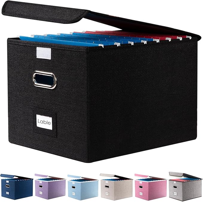 PRANDOM File Organizer Box - Set of 1 Collapsible Decorative Linen Filing Storage Hanging File Folders with Lids Office Cabinet Letter Size Black (15x12.2x10.75 inch)