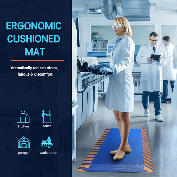 FEATOL Anti Fatigue Mat Industrial, Ergonomic Standing Floor Mat for Work for Stand, Blue with Yellow Border Safety 20" x 39"-Support for Leg & Back Pain