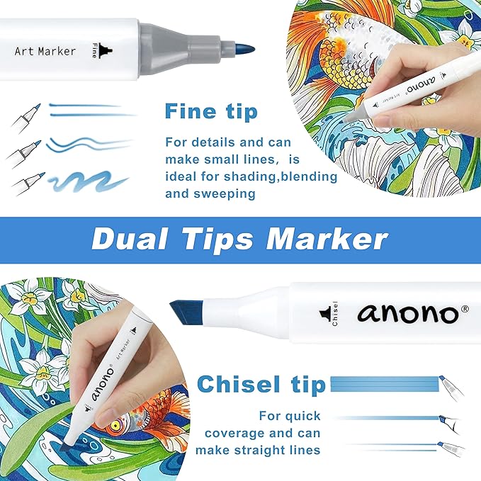 anono 80 Colors Alcohol Markers Set, Coloring Markers with Chisel and Fine Tips, Includes Carrying Case, Suitable for Book Painting and Coloring, White Barrel