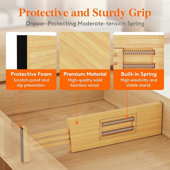 Lifewit 5 Pack Drawer Dividers Bamboo 4" High, 12-17" Adjustable Drawer Organizers for Clothes, Expandable Dresser Separators in Bedroom/Bathroom/Kitchen/Fridge/Office Organization and Storage