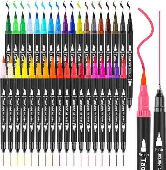 Taotree 36 Colors Dual Tip Art Markers Pens for Kids Adult Coloring Books, Artist Fine & Brush Tip Coloring Marker Drawing Pens for Journaling Note Taking Lettering Calligraphy Craft Art Supplies Set