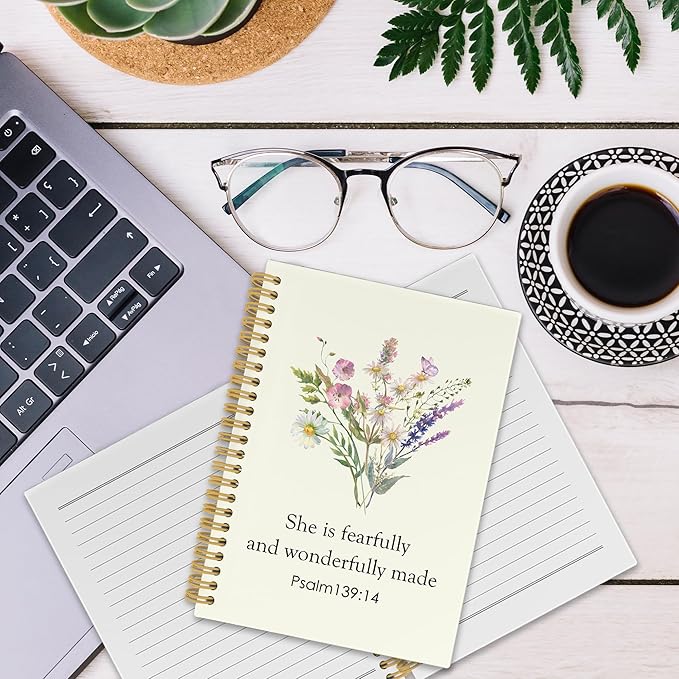 Bible Christian Wildflower Spiral Notebook, Inspirational Religious Journaling Notebooks for Work Office School, Floral Plant Prayer Hardcover Journals Gifts for Women, 160 Pages 5.5 x 8.3 Inch