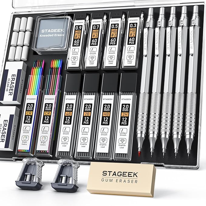 21PCS Metal Mechanical Pencil Set, Art Lead Pencil 0.3, 0.5, 0.7, 0.9, 2mm Holder(HB 2H 2B 4B Color) with 10 Tubes Graphite Lead Refills Eraser with Case for Drafting Drawing Sketching