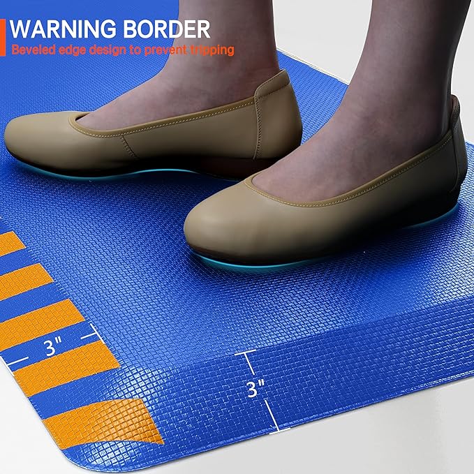 FEATOL Anti Fatigue Mats Industrial 2 Packs, Ergonomic Standing Floor Mat for Work for Stand, Blue with Yellow Border Safety 17" x 24"-Support for Leg & Back Pain