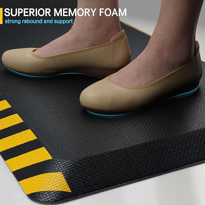FEATOL Anti Fatigue Mats Industrial 2 Packs, Ergonomic Standing Floor Mat for Work for Stand, Black with Yellow Border Safety 20" x 32"-Support for Leg & Back Pain