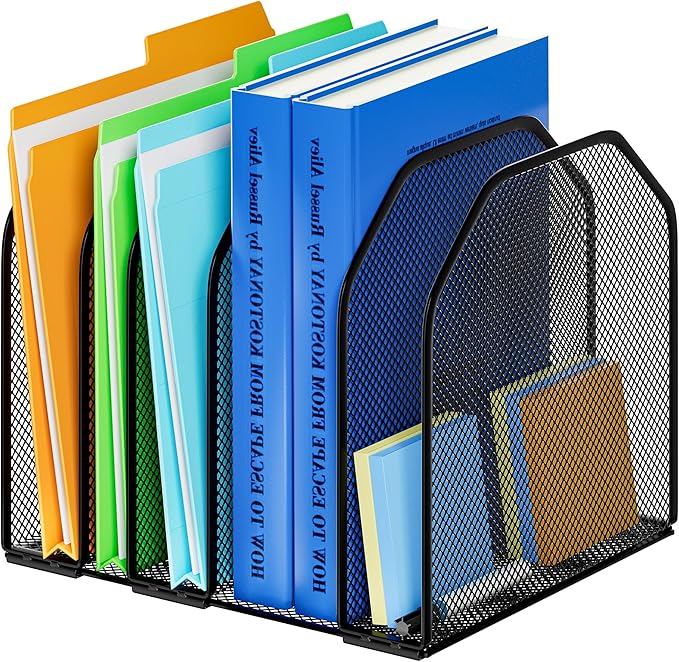 Desk File Organizer, Adjustable 5 Sections Upright Desktop Organizer File Sorter, Sturdy Metal Mesh Vertical Bookshelf File Holder Workspace Accessories for Home,School,Office Classroom,Black