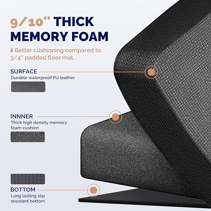 FEATOL Anti Fatigue Mat for Kitchen Floor, 9/10 Inch Thick Anti Fatigue Cushioned Floor Mat, Comfort Memory Foam Standing Padded for Sink, Kitchen, Home (Black, 24x70x9/10-Inch)