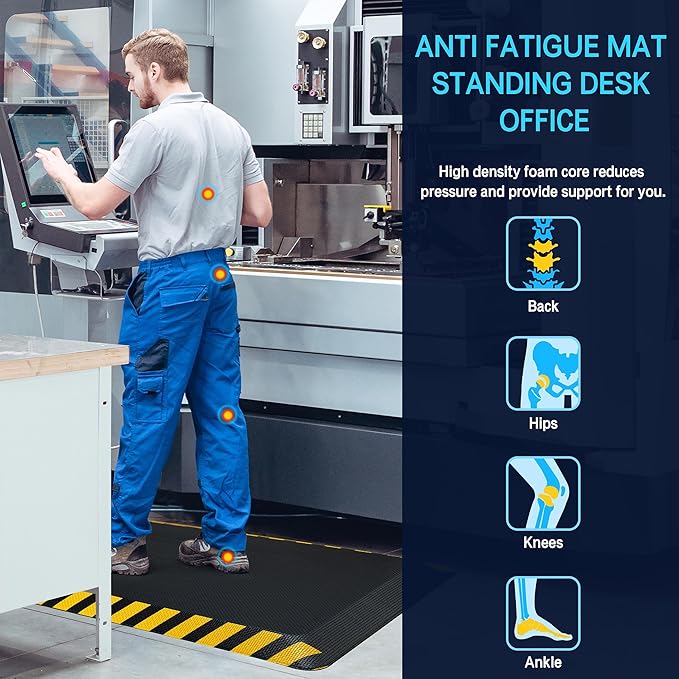 FEATOL Anti Fatigue Mat Industrial, Ergonomic Standing Floor Mat for Work for Stand, Black with Yellow Border Safety 20" x 32"-Support for Leg & Back Pain