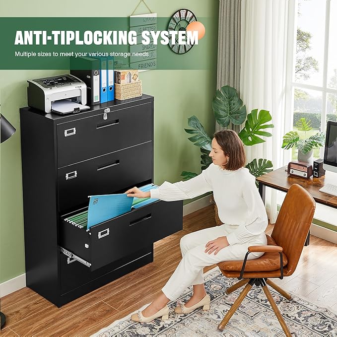 Letaya File Cabinets,4 Drawer Metal Lateral Filing Organization Storage Cabinets with Lock,Home Office for Hanging Files Letter/Legal/F4/A4 Size (Require Assembly)