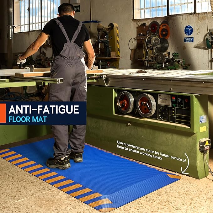 FEATOL Anti Fatigue Mat Industrial, Ergonomic Standing Floor Mat for Work for Stand, Blue with Yellow Border Safety 20" x 59"-Support for Leg & Back Pain
