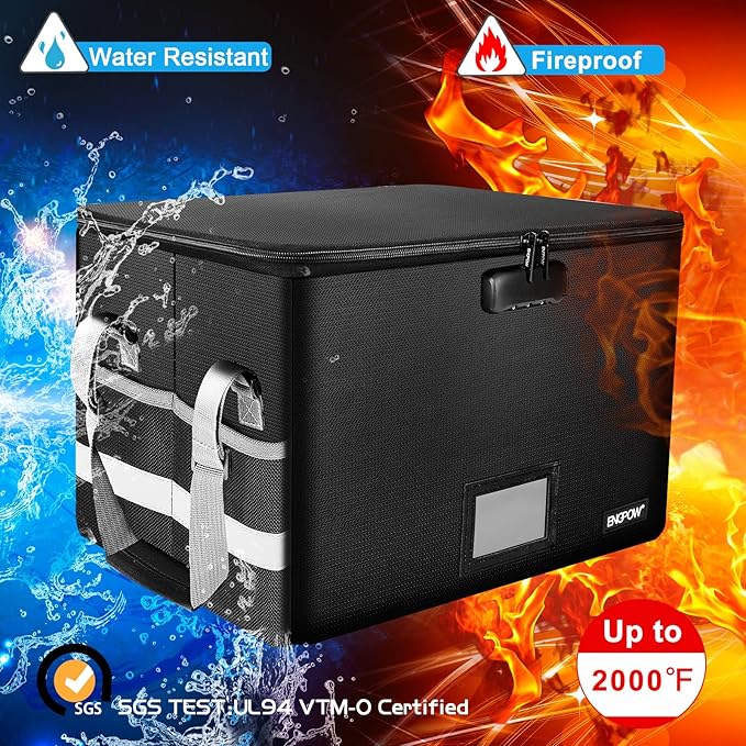 ENGPOW File Box with Lock,Fireproof Document Box with Zipper＆Pockets,Collapsible File Organizer Filing Storage Cabinet with Handle,Portable Home Office Safe for Hanging Letter/Legal Folder,Black