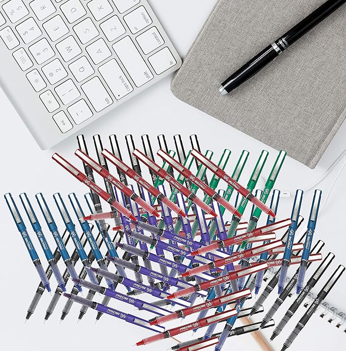 Precise V5 Stick Rolling Ball Pens, Extra Fine Point (.5mm), Assorted Colors Black/Blue/Red Ink, 3-pk; Bundle with Plastic Reusable Pouch